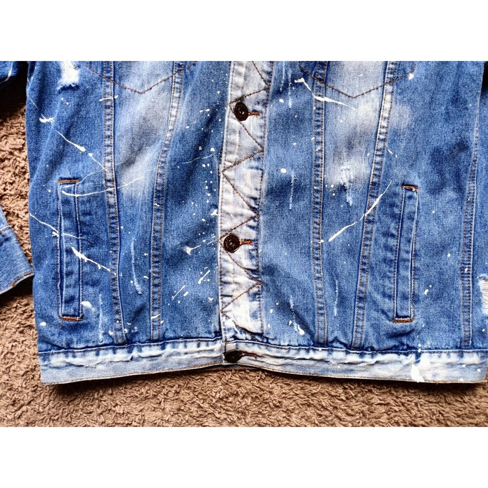 Rolling Paper Denim Jacket Men's Size XL Paint Splatter Front Pockets Hooded - Picture 4 of 10